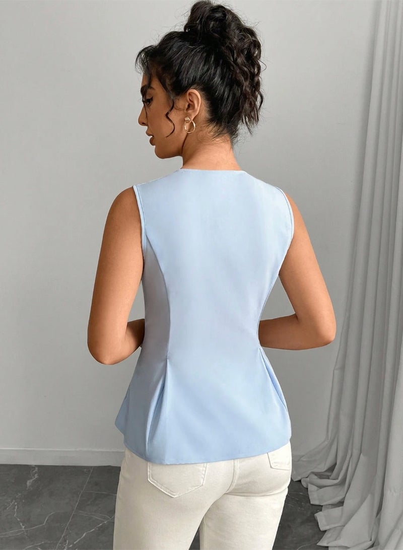 Shein Women's Elegant Collared Sleeveless Color Block Ruffle Hem Fitted Blouse, Summer - Image 2