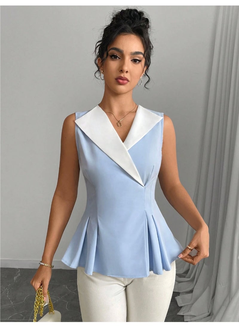 Shein Women's Elegant Collared Sleeveless Color Block Ruffle Hem Fitted Blouse, Summer - Image 1