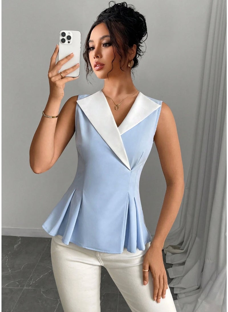 Shein Women's Elegant Collared Sleeveless Color Block Ruffle Hem Fitted Blouse, Summer - Image 3