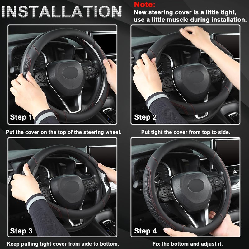 GIANT PANDA Car Steering Wheel Cover for Toyota RAV4,Camry,Highlander,Corolla,Prius,Tacoma,Standard Size - Black+Red Line - Image 3
