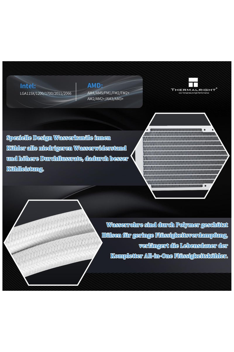 ثيرمالرايت مبرد وحدة المعالجة المركزية THERMALRIGHT Aqua Elite 240 White ARGB المائي، مبرد وحدة المعالجة المركزية Aio أبيض، 240 صف تبريد، مروحتان PWM × 120 مم، محامل S-FDB، متوافق مع AMD/AM4/AM5، Intel LGA1150/1151/1155/1156/1200/2011/1700 - Image 5