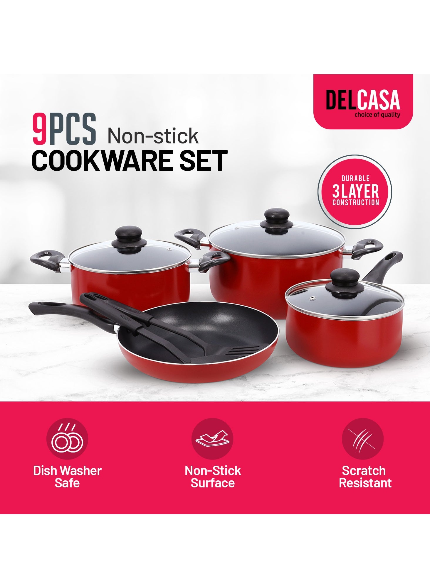 DELCASA Nonstick Cookware Set 9pcs Aluminum Cookware-Induction Base-Scratch Resistor DC1995 24x11cm Casserole with Lid, 20x9cm Casserole with Lid, 24x5cm Fry pan, 18x8.5cm Saucepan with Lid, 2pcs Nylon Tool 