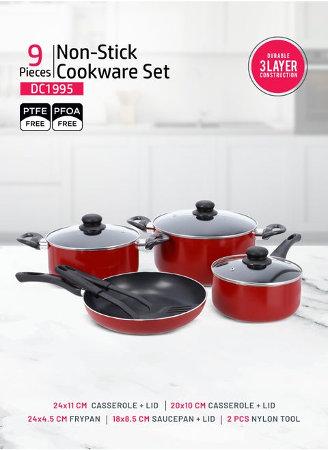 Nonstick Cookware Set 9pcs Aluminum Cookware-Induction Base-Scratch Resistor DC1995 24x11cm Casserole with Lid, 20x9cm Casserole with Lid, 24x5cm Fry pan, 18x8.5cm Saucepan with Lid, 2pcs Nylon Tool
