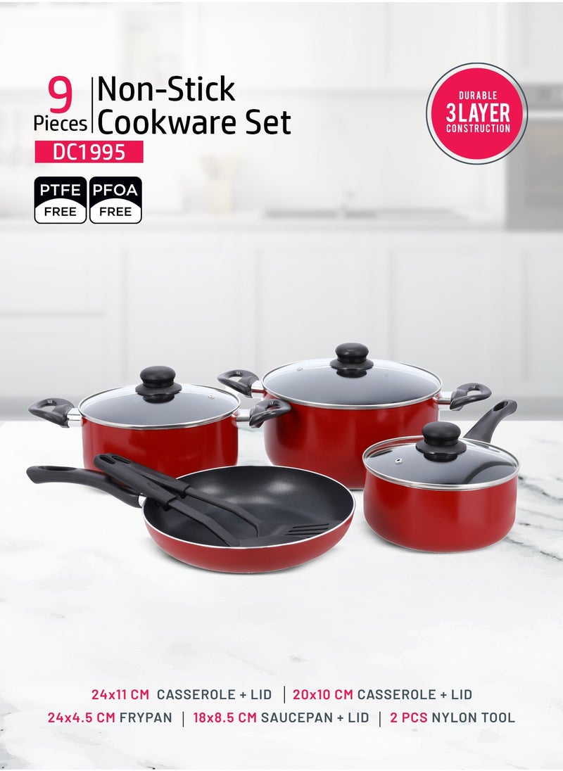 DELCASA - Nonstick Cookware Set 9pcs Aluminum Cookware-Induction Base-Scratch Resistor DC1995 24x11cm Casserole with Lid, 20x9cm Casserole with Lid, 24x5cm Fry pan, 18x8.5cm Saucepan with Lid, 2pcs Nylon Tool - Image 1