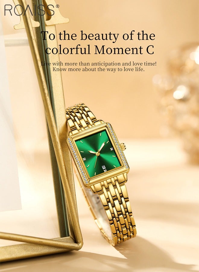 roaiss Women's Quartz Watch, Analog Display Square Green Dial, Luxury Zirconia Diamond Dress Wristwatch, Waterproof Luminous with Calendar Display, Full Gold Stainless Steel Strap, as Gift for Ladies - Image 3