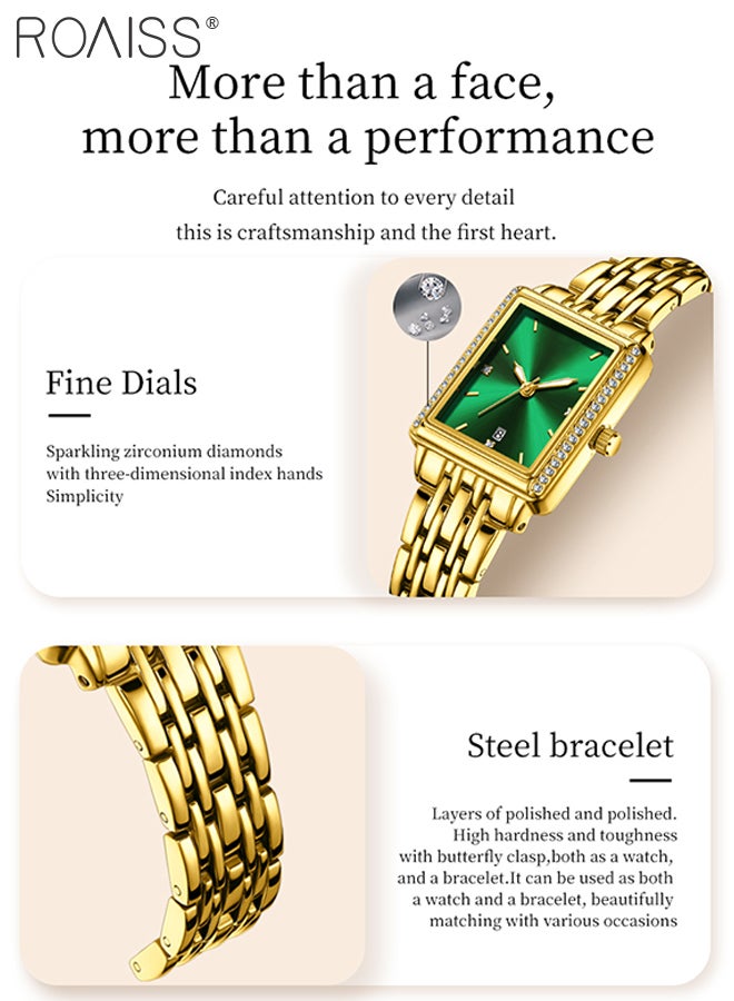 roaiss Women's Quartz Watch, Analog Display Square Green Dial, Luxury Zirconia Diamond Dress Wristwatch, Waterproof Luminous with Calendar Display, Full Gold Stainless Steel Strap, as Gift for Ladies - Image 5