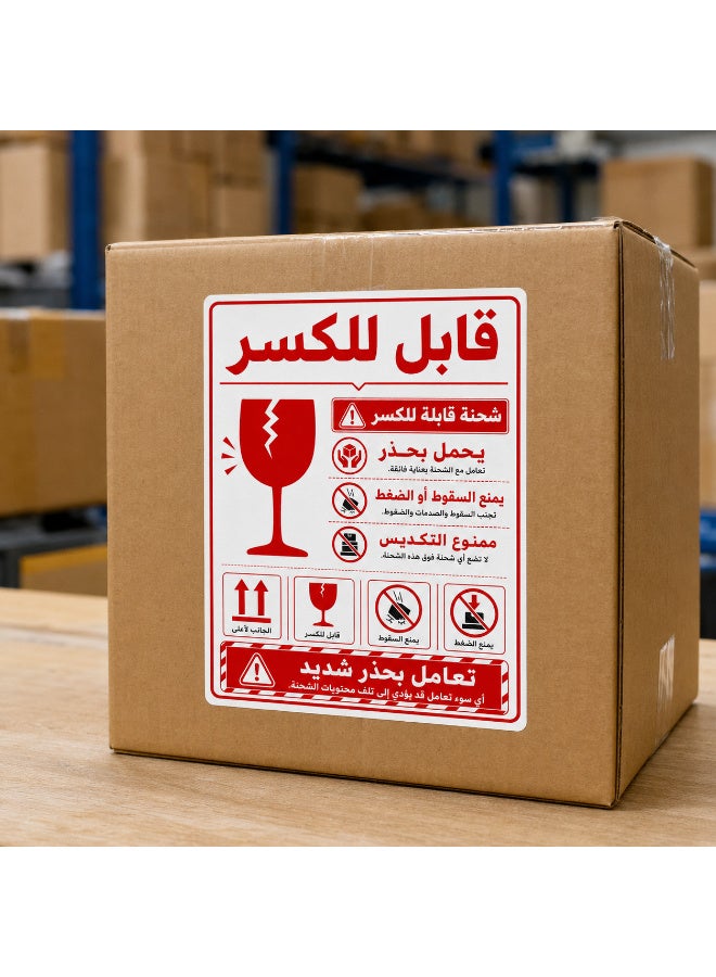 ملصقات تحذير للشحن ذاتية اللصق "قابل للكسر - يُرجى التعامل بعناية فائقة"، تصميم عربي احترافي وواضح باللون الأحمر لتأمين وحماية الشحنات الحساسة، مقاس عملي 18 × 12 سم، عبوة تحتوي على 50 قطعة - Image 5