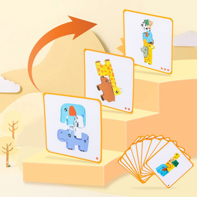 ألعاب تكديس خشبية للأطفال مع بطاقات حيوانات - Image 4