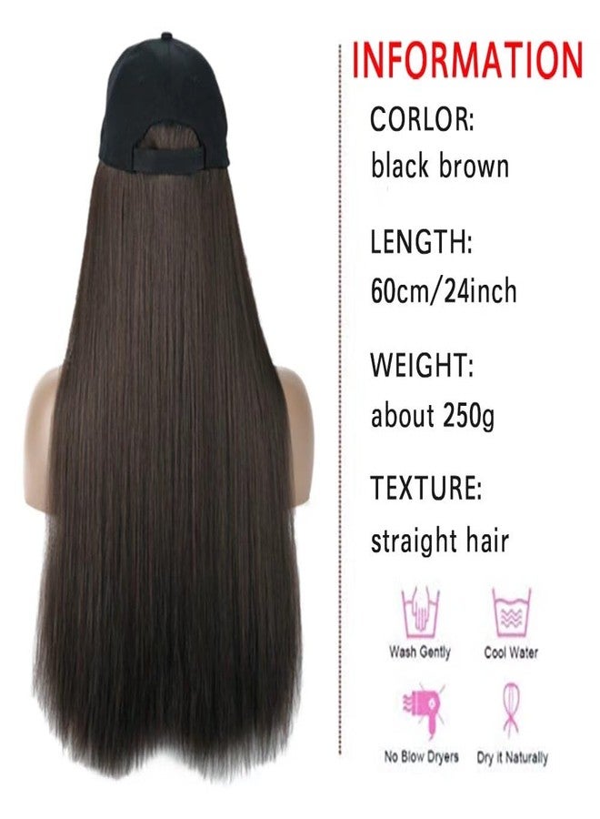 iLUU Wig and Hat Baseball Cap With Black Brown Hair Extensions Synthetic Hairpiece With Attached Black Cap Hat With 24inch Long Straight Smooth Natural Black Hair Extensions For Women Girl - Image 2