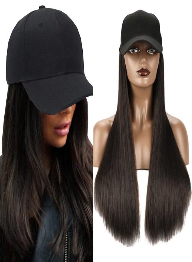 iLUU Wig and Hat Baseball Cap With Black Brown Hair Extensions Synthetic Hairpiece With Attached Black Cap Hat With 24inch Long Straight Smooth Natural Black Hair Extensions For Women Girl - Image 1