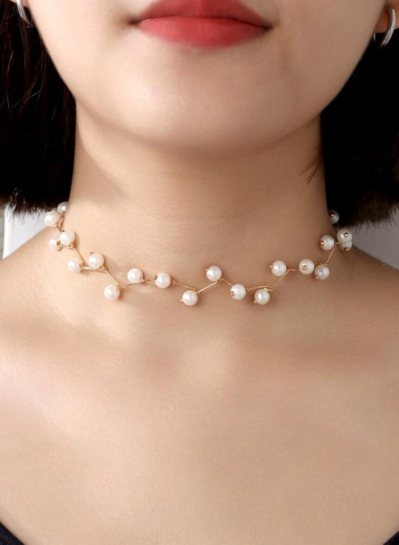Huitich Elegant Pearl Branch Choker Necklace for Women Alloy & Faux Pearl Design  - Image 3