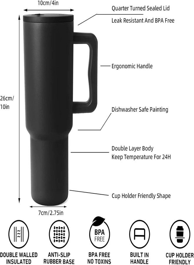 WALITO 1.2 Litre Stainless Steel Tumbler Hot and Cold with Handle, lid and Straw, Leak Proof Mug Cupholder for Gym, Travelling,Office,School Cupholder Gifts for Women Men Him Her (Black) - Image 4