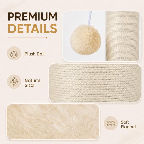 PAWSCRAT Cat Scratching Post 32 Inch High, 5.5 Inch Large Diameter Natural Sisal Cat Scratch Post, Scratch-Resistant and Durable Tall Cat Scratcher for Indoor Cats, Protect Your Furniture, Beige - Image 5