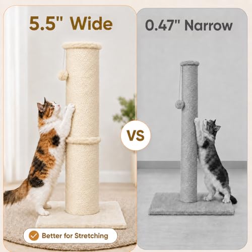 PAWSCRAT Cat Scratching Post 32 Inch High, 5.5 Inch Large Diameter Natural Sisal Cat Scratch Post, Scratch-Resistant and Durable Tall Cat Scratcher for Indoor Cats, Protect Your Furniture, Beige - Image 4