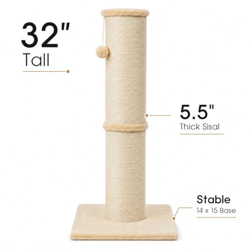 PAWSCRAT Cat Scratching Post 32 Inch High, 5.5 Inch Large Diameter Natural Sisal Cat Scratch Post, Scratch-Resistant and Durable Tall Cat Scratcher for Indoor Cats, Protect Your Furniture, Beige - Image 2
