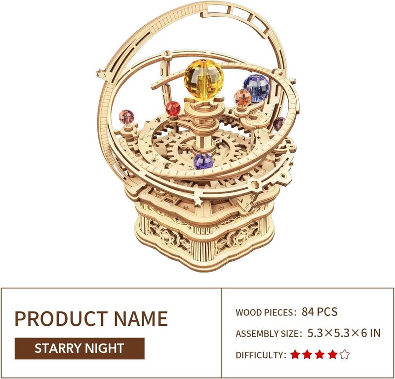 ROKR 3D Wooden Puzzles for Adults Mechanical Music Box-Starry Night, DIY Rotating Music Box Model Building Kits for Teens, DIY Crafts/Hobbies/Gifts Desk Decor for Boys Ages 14+ (Starry Night) - Image 5
