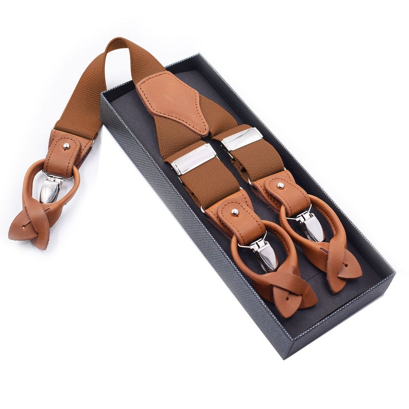 Mens Trendy Suspenders 3.5cm Adjustable Elastic 6 Clips Casual Straps Camel 