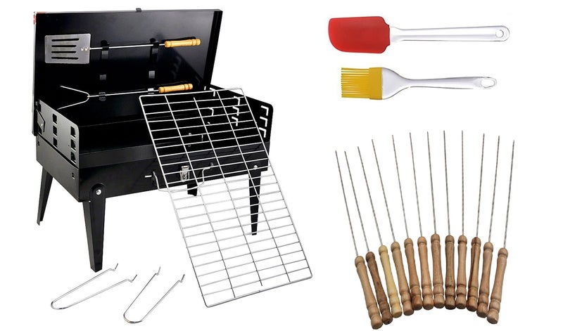 Inditradition Combo Pack Briefcase Charcoal Barbeque Grill With 12 Skewers, Fork, Tong, Oil Brush & Spatula (Metal, Black), Free Standing - Image 1