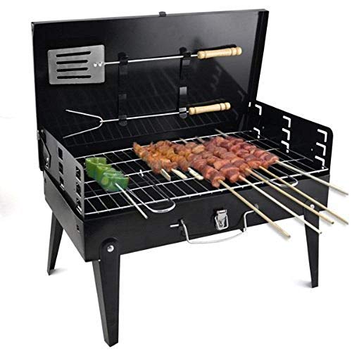 Inditradition Combo Pack Briefcase Charcoal Barbeque Grill With 12 Skewers, Fork, Tong, Oil Brush & Spatula (Metal, Black), Free Standing - Image 2