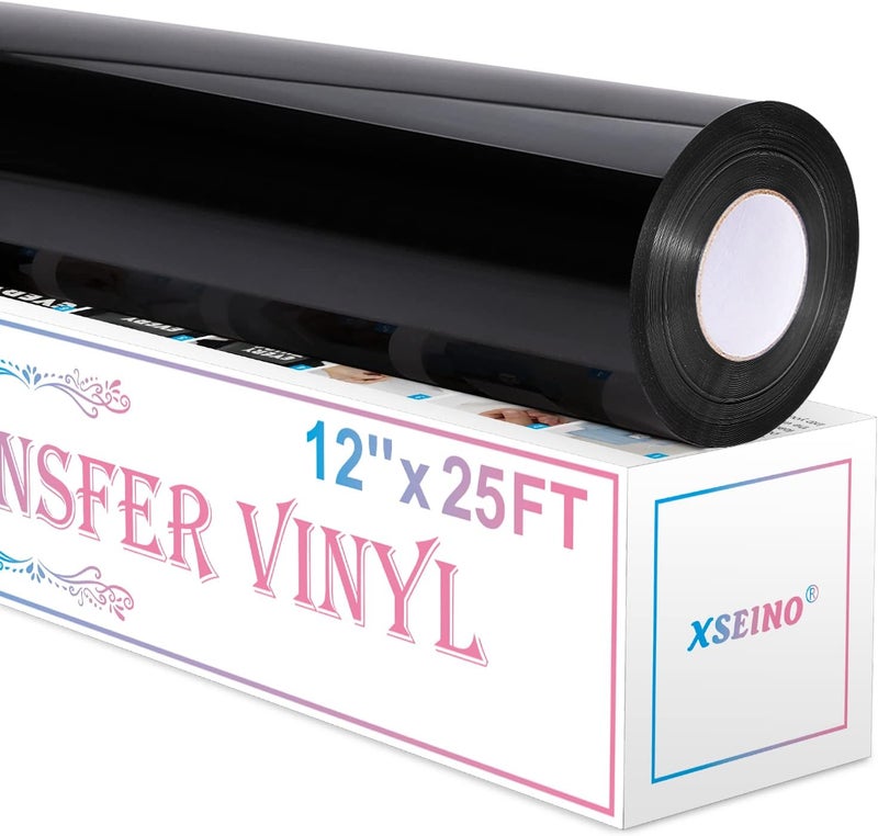 XSEINO لفة فينيل نقل الحرارة، 12" × 25 قدم فينيل أسود HTV للقمصان، لفة فينيل للكي لـ Cricut و Cameo، سهلة القطع لتصميم فينيل نقل الحرارة (أسود) - Image 1