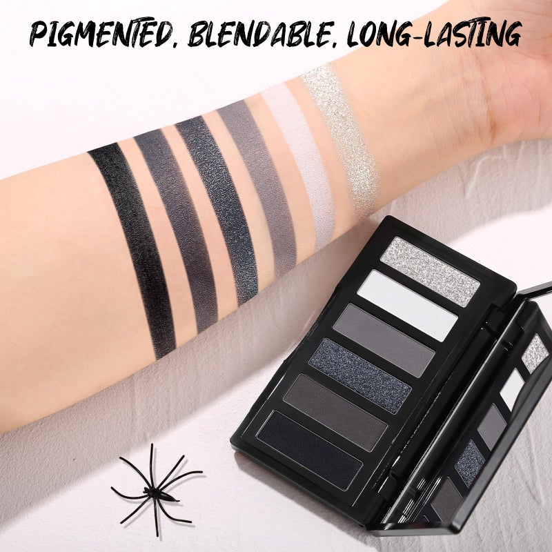 SUSIKEKI Black Eyeshadow Palette with Mirror Silver Gray Black Tones Matte Shimmer Smokey 6 Colors Mini Eye Shadow Pallet Travel Size Highly Pigmented for Vampire Clown Joker Goth Halloween Makeup - Image 3
