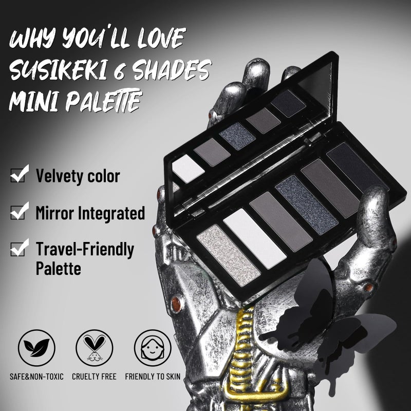 SUSIKEKI Black Eyeshadow Palette with Mirror Silver Gray Black Tones Matte Shimmer Smokey 6 Colors Mini Eye Shadow Pallet Travel Size Highly Pigmented for Vampire Clown Joker Goth Halloween Makeup - Image 2