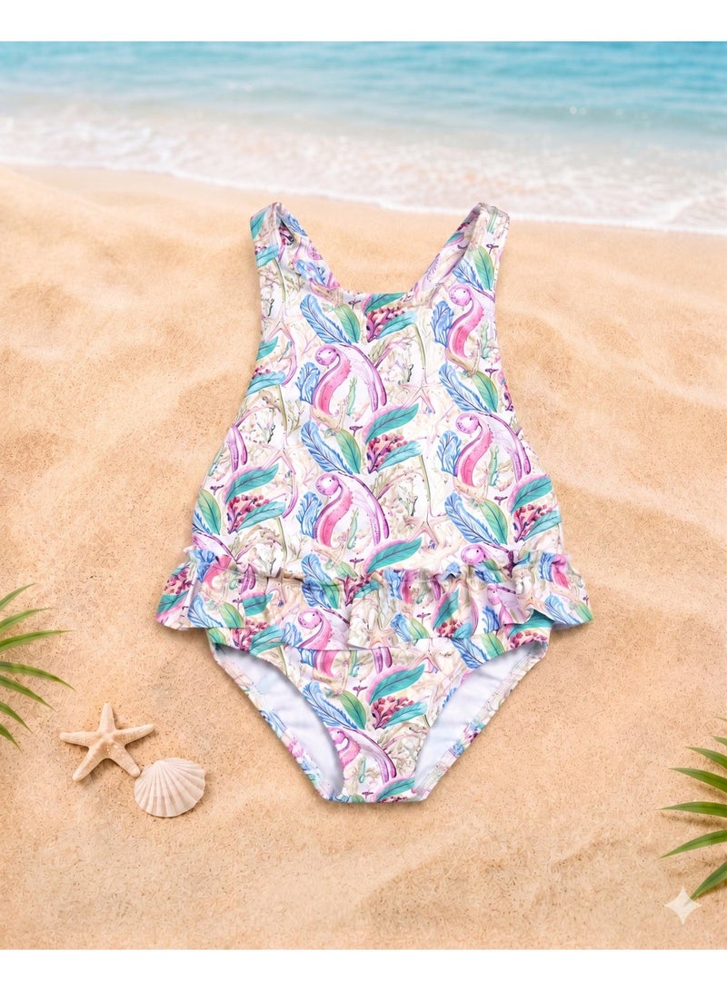 Kids' Tropical Flamingo & Seafoam Flora One-Piece Swimsuit