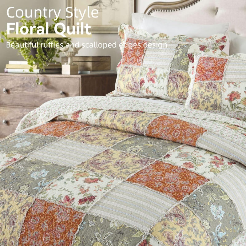 Yvooxny 3-Piece Quilt Set Queen Size Quilted Bedspread Reversible Country Style Floral Real Patchwork Bedding Quilt Set with Ruffles with Pillowcases for All Seasons, 98 * 90 Inches - Image 2