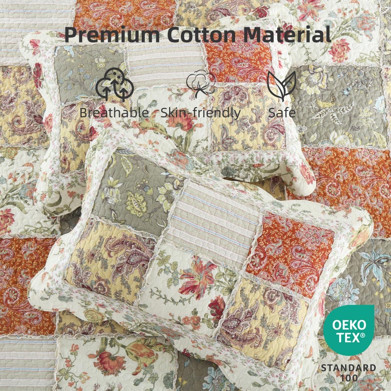 Yvooxny 3-Piece Quilt Set Queen Size Quilted Bedspread Reversible Country Style Floral Real Patchwork Bedding Quilt Set with Ruffles with Pillowcases for All Seasons, 98 * 90 Inches - Image 4