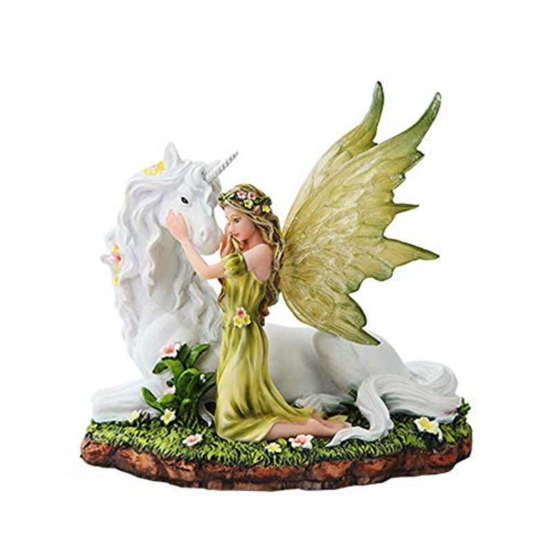 PTC 7 Inch Green Winged Fairy with Magical Unicorn Statue Figurine - Image 1