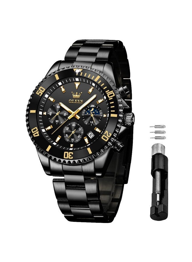 أوليفز ساعة  للرجال كرونوغراف كوارتز سوداء بمرحلة القمر فاخرة بلونين من الفولاذ المقاوم للصدأ ومقاومة للماء وساعة يد مضيئة بتقويم تاريخ العمل - Image 1