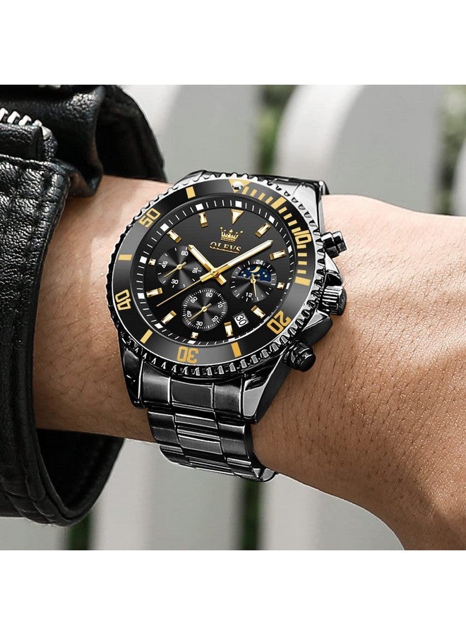 أوليفز ساعة  للرجال كرونوغراف كوارتز سوداء بمرحلة القمر فاخرة بلونين من الفولاذ المقاوم للصدأ ومقاومة للماء وساعة يد مضيئة بتقويم تاريخ العمل - Image 4