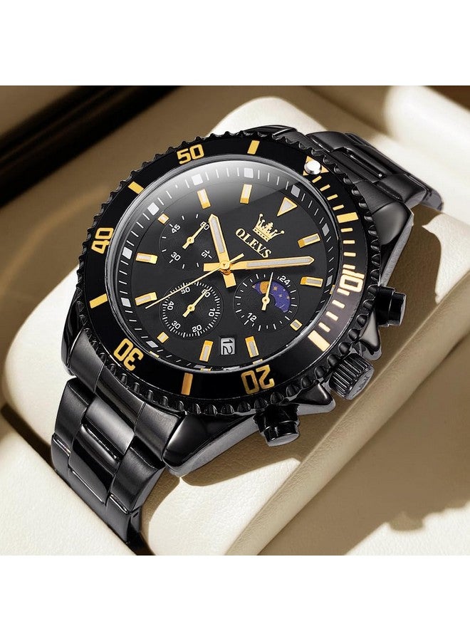 أوليفز ساعة  للرجال كرونوغراف كوارتز سوداء بمرحلة القمر فاخرة بلونين من الفولاذ المقاوم للصدأ ومقاومة للماء وساعة يد مضيئة بتقويم تاريخ العمل - Image 5