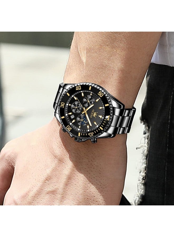 أوليفز ساعة  للرجال كرونوغراف كوارتز سوداء بمرحلة القمر فاخرة بلونين من الفولاذ المقاوم للصدأ ومقاومة للماء وساعة يد مضيئة بتقويم تاريخ العمل - Image 3