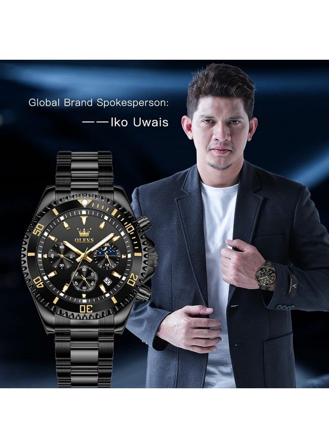 أوليفز ساعة  للرجال كرونوغراف كوارتز سوداء بمرحلة القمر فاخرة بلونين من الفولاذ المقاوم للصدأ ومقاومة للماء وساعة يد مضيئة بتقويم تاريخ العمل - Image 2