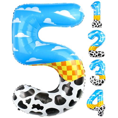 AXBMM 40 Inch Number 5 Balloon Blue Clouds Cartoon Story Balloons Toy Inspired Party Supplies for Birthday Garland Arch Kit Farm Favor Number 5 - Image 1