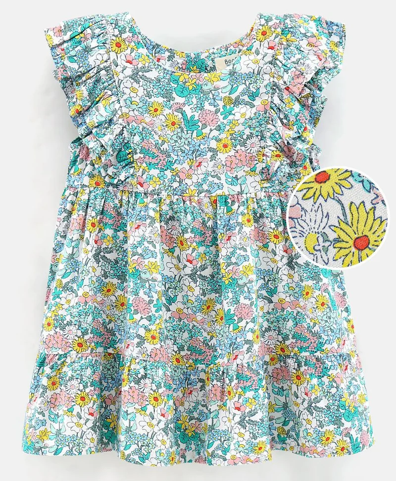 Bonfino Bonfino 100% Viscose Woven Sleeveless Frock Floral Print - Green