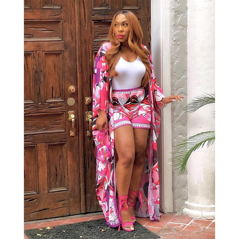 QegarTop Brunch Outfits for Vacation Boho Two Piece Kimono Shorts Outfits Flowy Beach Coverups Pink L - Image 4