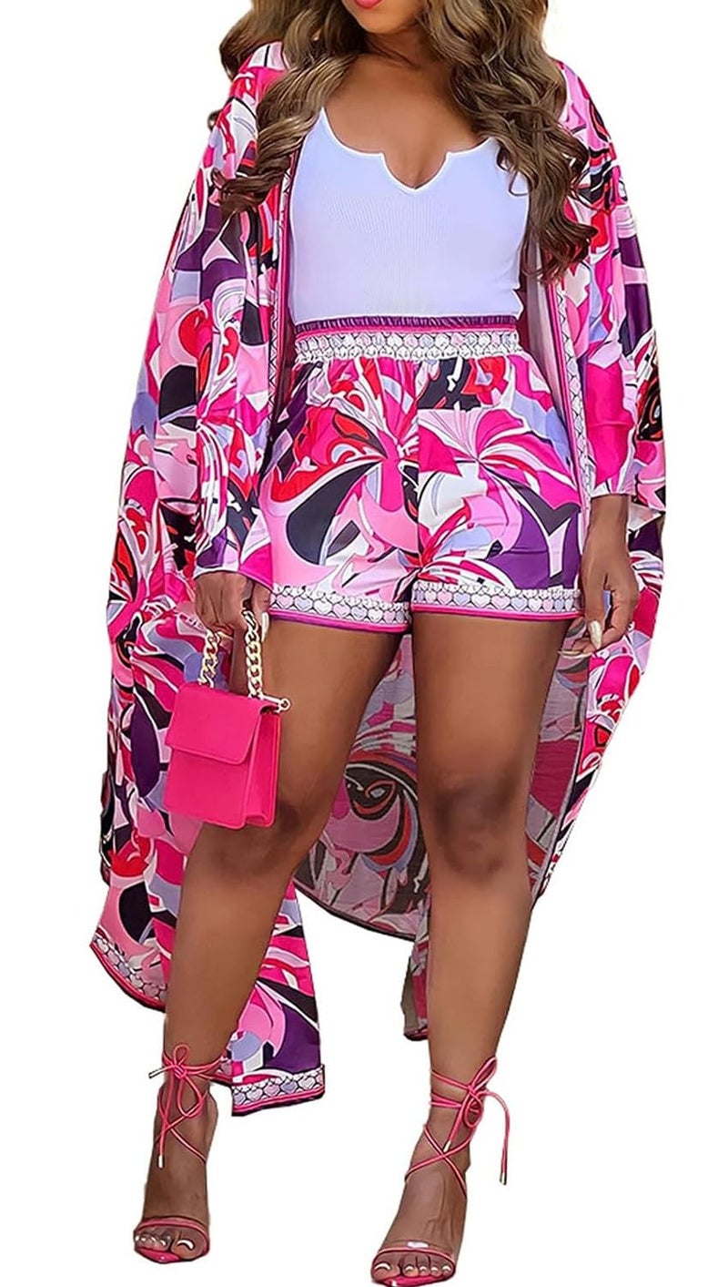QegarTop Brunch Outfits for Vacation Boho Two Piece Kimono Shorts Outfits Flowy Beach Coverups Pink L - Image 1