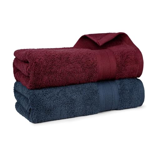 MYTRIDENT Soft Comfort Air Rich 100% Cotton Towels for Bath, 500 GSM Large Size Bathroom Towels for Men/Women, 2PC Bath (69 cm x 137 cm), Wine red and Navy - Image 1