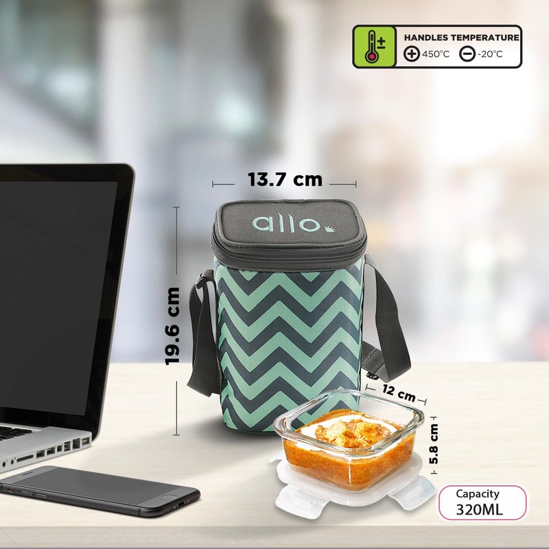 Allo Allo Food Safe Borosilicate Glass Lunch Box, 450°C Microwave Safe Lunch Box, Borosilicate Borosilicate Glass Tiffin for Office with Chevron Mint Tiffin Bag, Set of 3, 320ml x 3, Square, Transparent  - Image 4