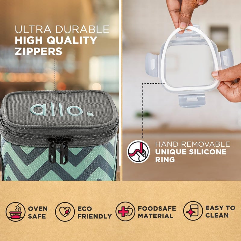 Allo Allo Food Safe Borosilicate Glass Lunch Box, 450°C Microwave Safe Lunch Box, Borosilicate Borosilicate Glass Tiffin for Office with Chevron Mint Tiffin Bag, Set of 3, 320ml x 3, Square, Transparent  - Image 5