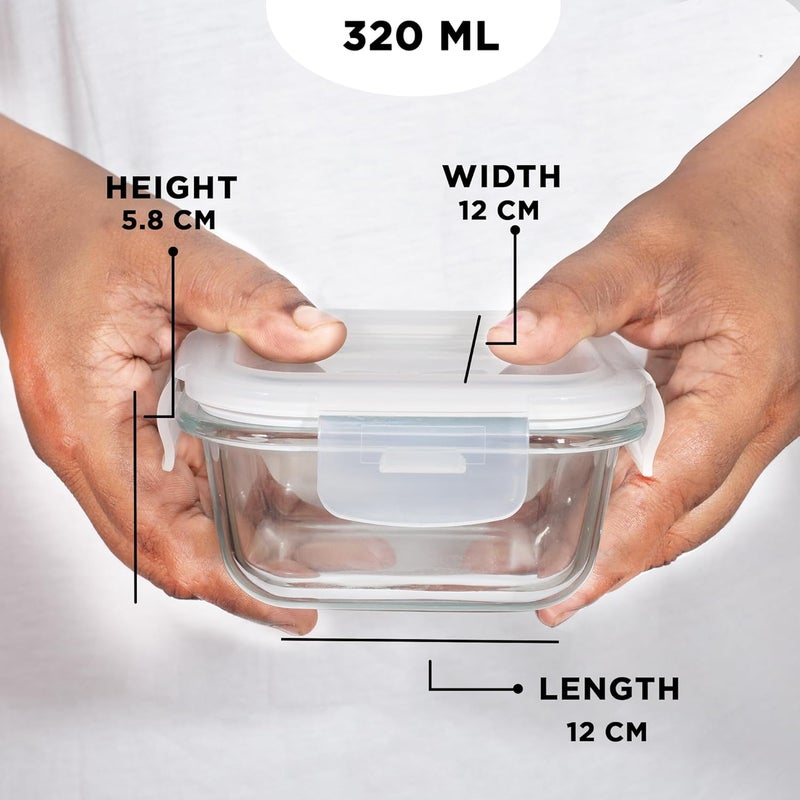 Allo Allo Food Safe Borosilicate Glass Lunch Box, 450°C Microwave Safe Lunch Box, Borosilicate Borosilicate Glass Tiffin for Office with Chevron Mint Tiffin Bag, Set of 3, 320ml x 3, Square, Transparent  - Image 3