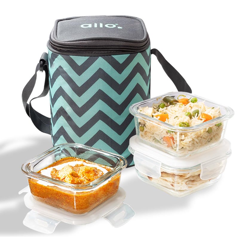 Allo Allo Food Safe Borosilicate Glass Lunch Box, 450°C Microwave Safe Lunch Box, Borosilicate Borosilicate Glass Tiffin for Office with Chevron Mint Tiffin Bag, Set of 3, 320ml x 3, Square, Transparent  - Image 1