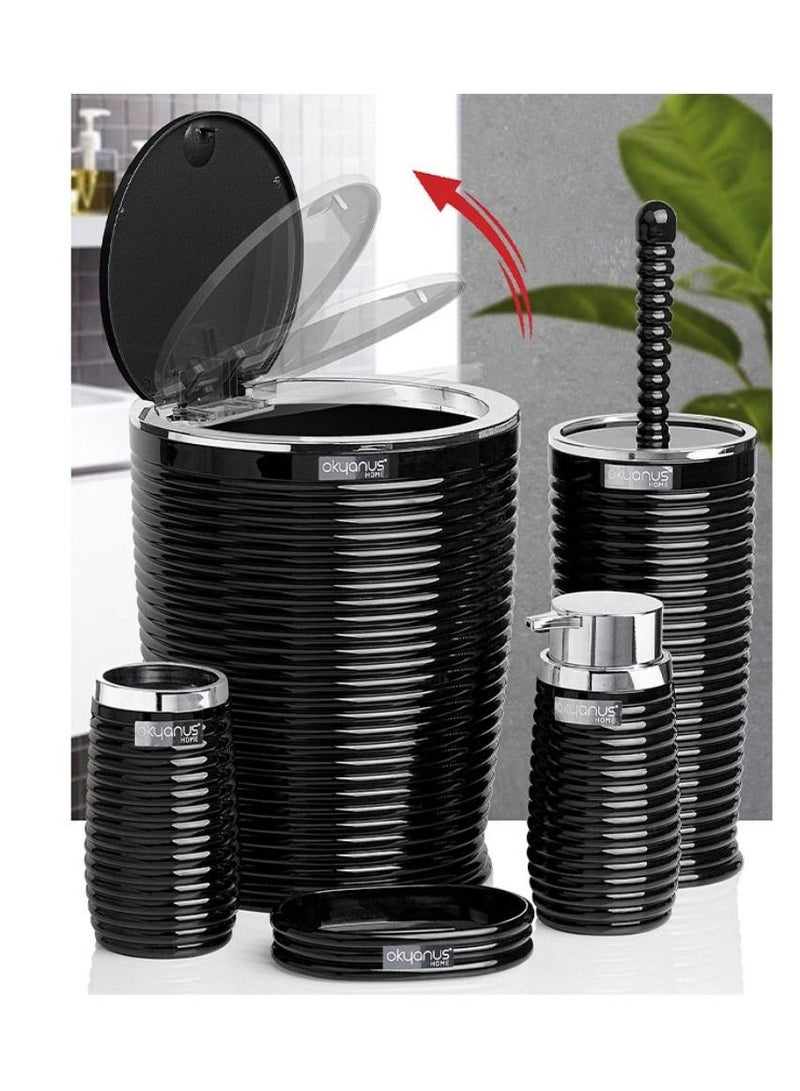 plastic elegans 5 Pieces Bathroom Set  basket - liquid soap dispenser - soap holder - toilet cleaning brush - toothbrush & toothpaste holder - Black/Chrome - Image 3