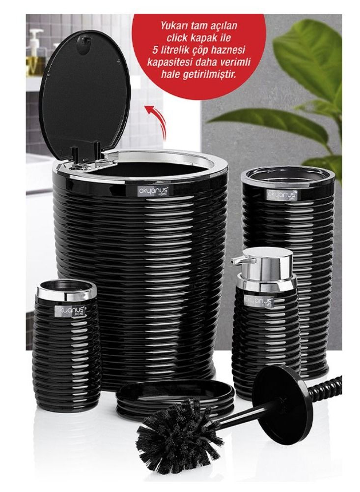 plastic elegans 5 Pieces Bathroom Set  basket - liquid soap dispenser - soap holder - toilet cleaning brush - toothbrush & toothpaste holder - Black/Chrome - Image 4