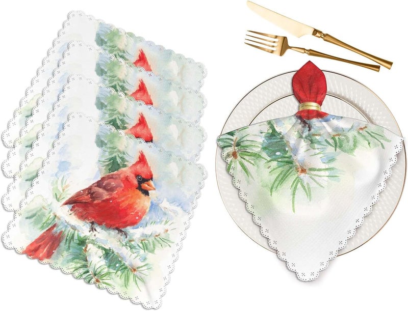 Yibeas Winter Christmas Cloth Napkins Dinner Table Napkin Watercolor Bird Cardinal Pine Tree Washable Reusable Napkins Set of 4 for Kitchen Home Holiday Party Wedding 18 x 18 inch - Image 1