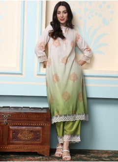 ISHIN Women's Off White Polyester Blend Embellished Tunic Full Length Palazzo Straight Fit Kurta Set  - Image 1