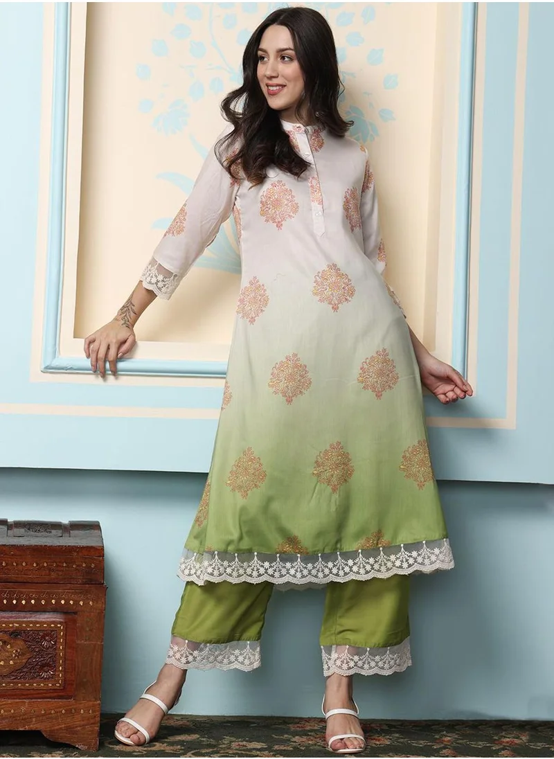 ISHIN Women's Off White Polyester Blend Embellished Tunic Full Length Palazzo Straight Fit Kurta Set