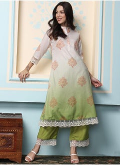 ISHIN Women's Off White Polyester Blend Embellished Tunic Full Length Palazzo Straight Fit Kurta Set  - Image 3